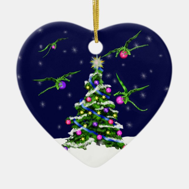 Green Baby Dragons Encircle a Christmas Tree Ceramic Tree Decoration (Front)