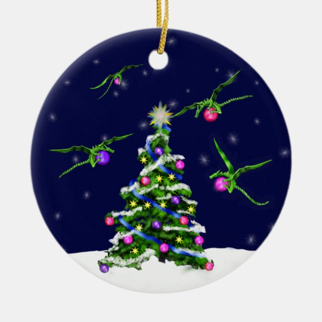 Green Baby Dragons Encircle a Christmas Tree Ceramic Tree Decoration (Front)