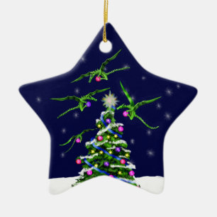 Green Baby Dragons Encircle a Christmas Tree Ceramic Tree Decoration