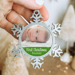 Green Baby First Christmas Snowflake Photo Snowflake Pewter Christmas Ornament