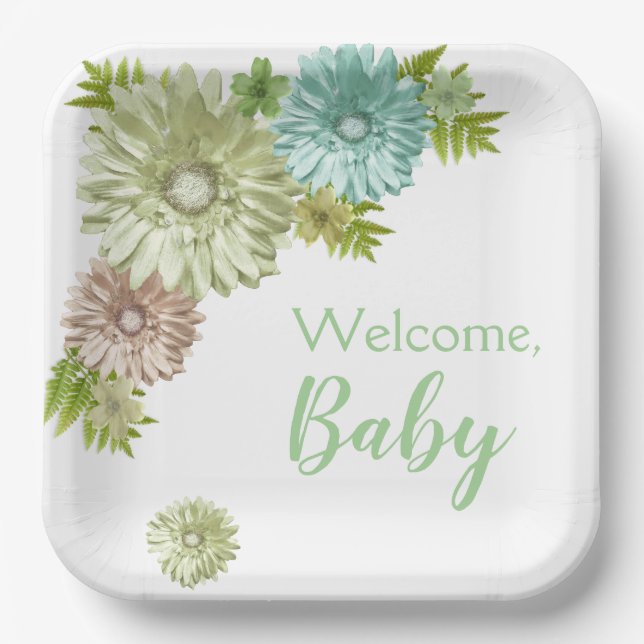 Green Baby In Bloom Brunch Shower  Paper Plate (Front)