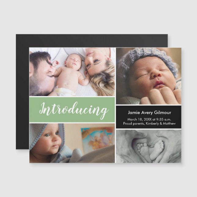 Green Baby Introducing script photo collage Magnetic Invitation (Front/Back)