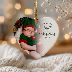 Green Baby’s First Christmas Photo Heart Ceramic Tree Decoration