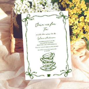 green baby shower tea bow hand drawn invitation