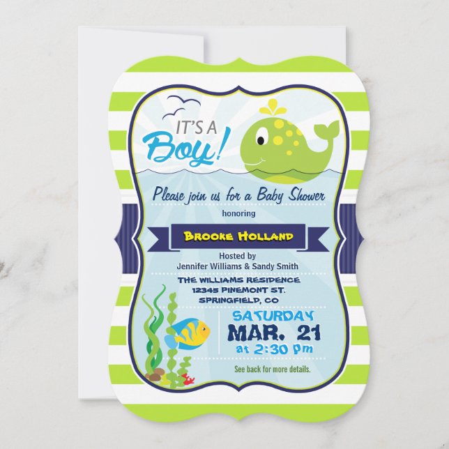Green Baby Whale, Boy Baby Shower Invitation (Front)