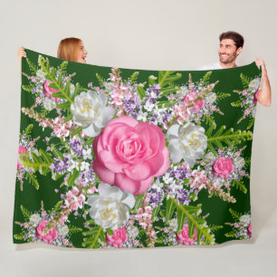 Green background Bouquet of Flowers Purple Pink Fleece Blanket