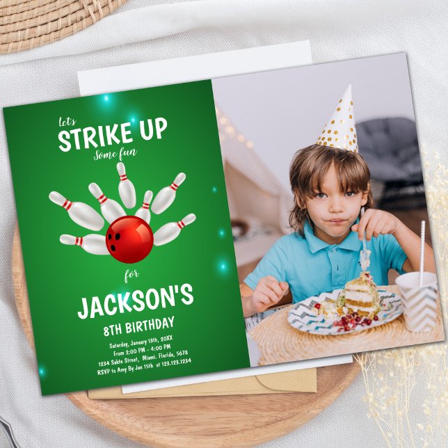 Green Background Bowling Birthday Invitations phot (Green Background Bowling Birthday Invitations phot)