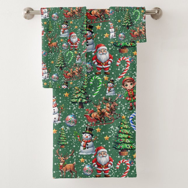 Green Background Christmas Decorative Pattern Bath Towel Set (Creator Uploaded)