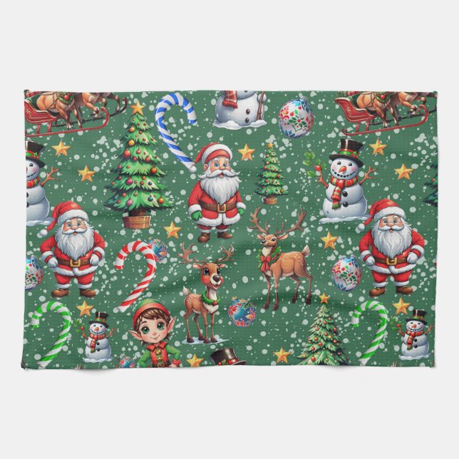 Green Background Christmas Decorative Pattern Tea Towel (Horizontal)