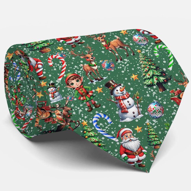 Green Background Christmas Decorative Pattern Tie (Creator Uploaded)