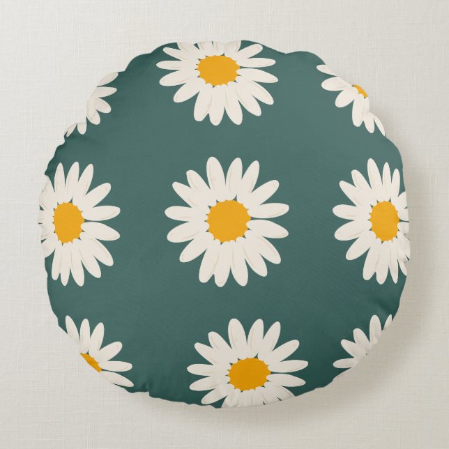 Green background floral daisy pattern round cushion (Front)
