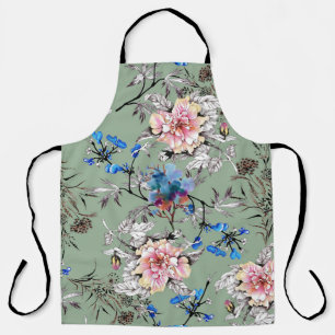 Green Background Floral Watercolor Pattern. Apron