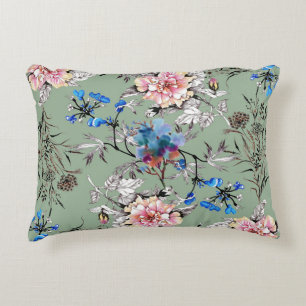 Green Background Floral Watercolor Pattern. Decorative Cushion