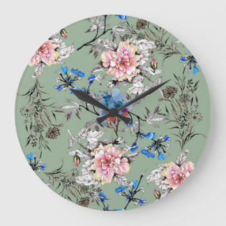 Green Background Floral Watercolor Pattern. Large Clock