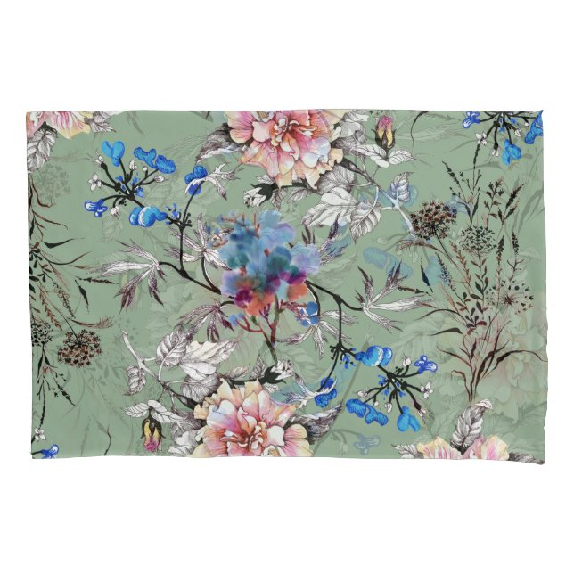 Green Background Floral Watercolor Pattern. Pillowcase (Front)