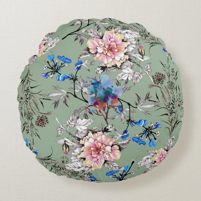 Green Background Floral Watercolor Pattern. Round Cushion (Front)