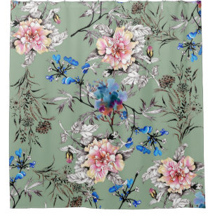Green Background Floral Watercolor Pattern. Shower Curtain