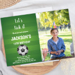Green Background Soccer Birthday Invitations<br><div class="desc">Celebrate your child’s birthday with these vibrant Green Background Soccer Birthday Invitations! Featuring a bold green background and dynamic soccer design, these customisable invitations allow you to add a personal photo for a unique touch. Perfect for a soccer-themed birthday party, these invitations will bring an energetic and sporty vibe to...</div>