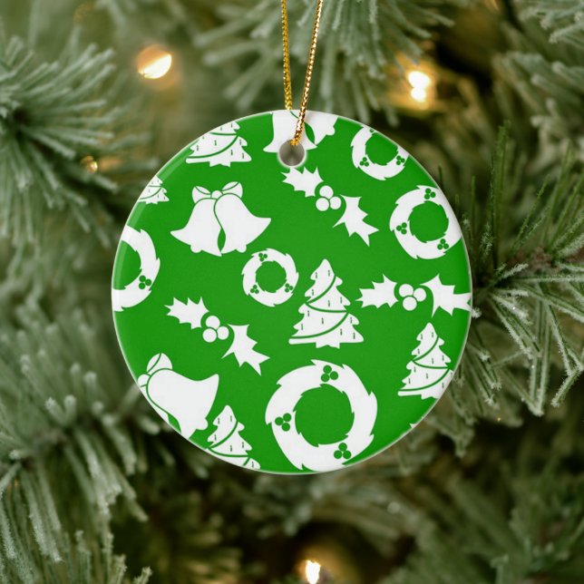 Green Background with Bells, Mistletoe and Tree Ceramic Tree Decoration (Tree)