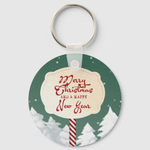 Green Background With Christmas Tree And Sign Key Ring