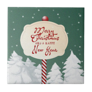 Green Background With Christmas Tree And Sign  Tile
