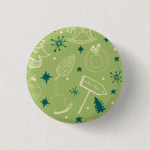 Green Background With Christmas Trees, Signs, Star 3 Cm Round Badge