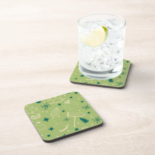 Green Background With Christmas Trees, Signs, Star Coaster
