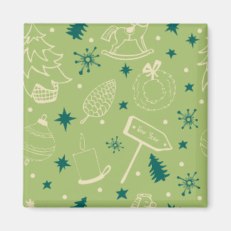 Green Background With Christmas Trees, Signs, Star Magnet