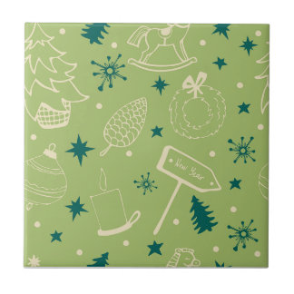 Green Background With Christmas Trees, Signs, Star Tile