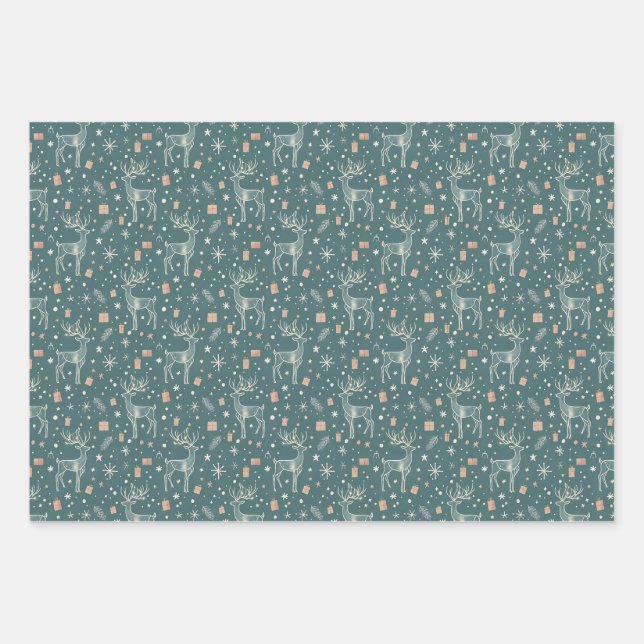 Green background with deer, gift packaging wrapping paper sheet (Front)