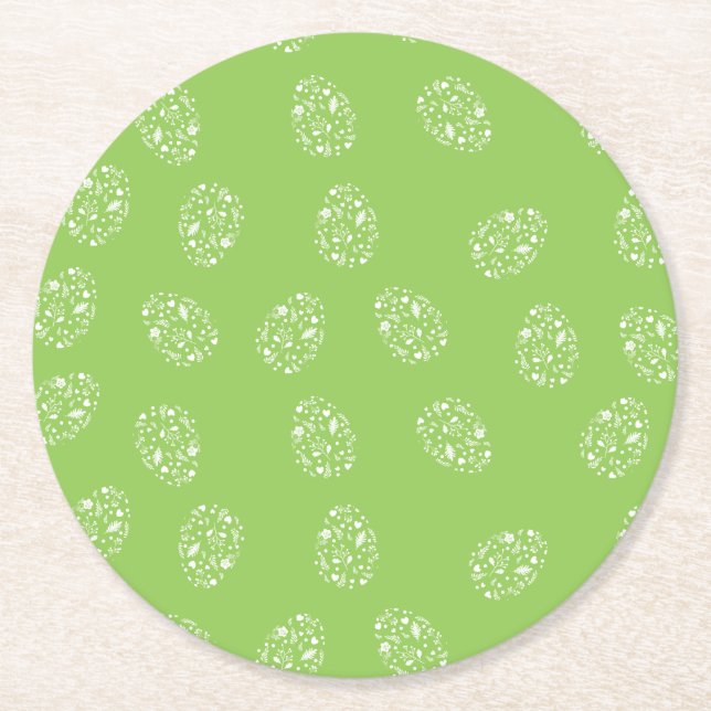 Green background with ornamental eggs round paper coaster (Front)