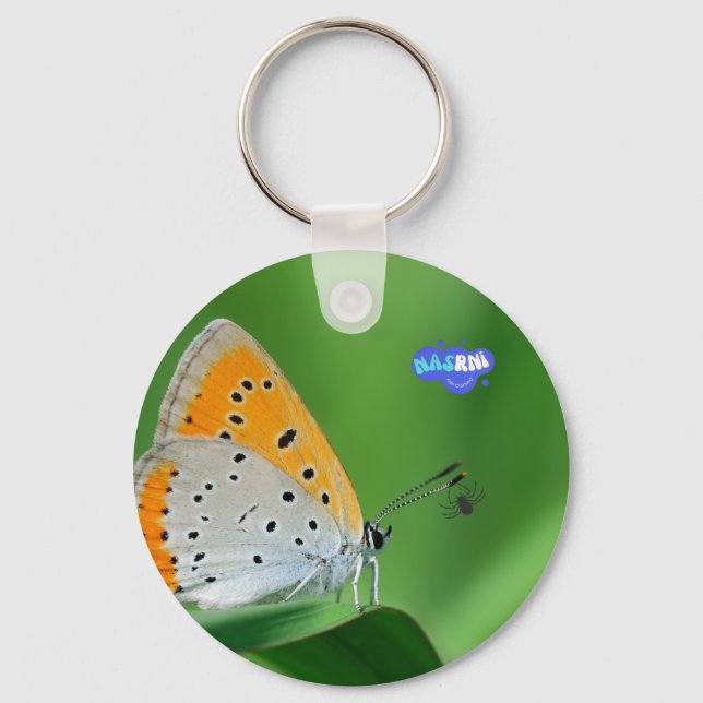Green background & yellow,white butterfly & spider key ring (Front)