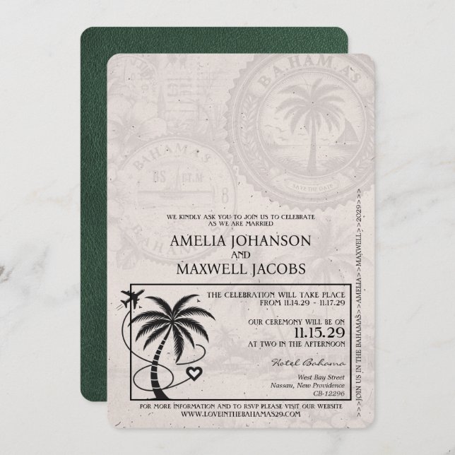 Green Bahamas Passport Wedding Invitation (Front/Back)