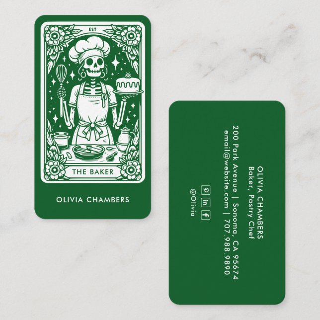 Green Baker Tarot Skeleton Pastry Chef  Business Card (Front/Back)