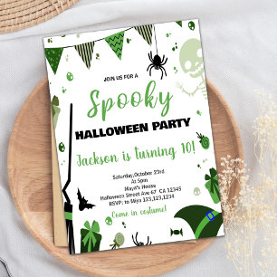 Green Ballon Halloween Birthday Invitations