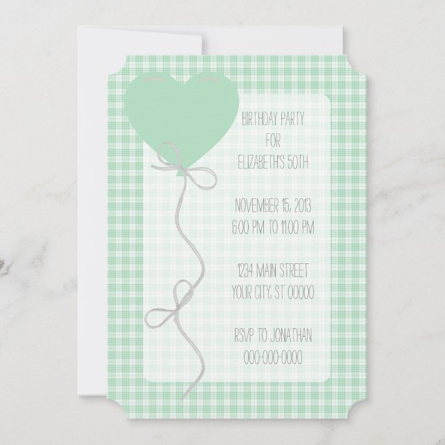 Green Balloon and Gingham Birthday Invitation (Front)