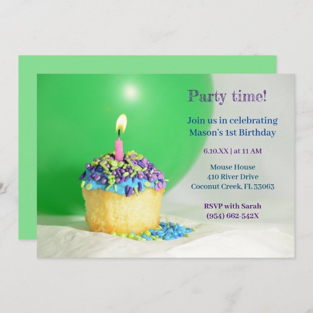 Green Balloon blue cupcake Birthday Invitation   (Front/Back)
