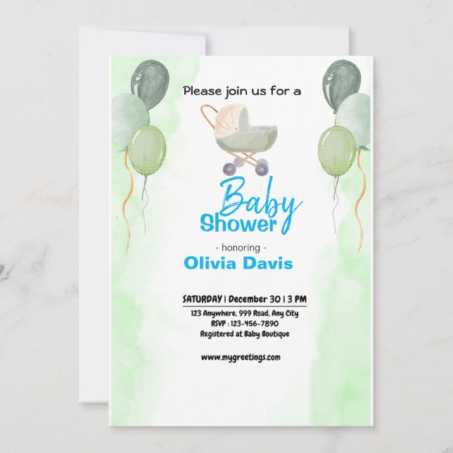 Green Baloon Baby Shower Invitation (Front)