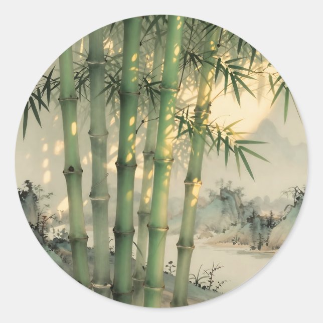 Green Bamboo Forest Chinese Ink Classic Round Sticker (Front)