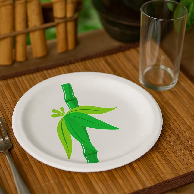 Green Bamboo Stalk with Tropical Leaves  Paper Plate (Creator Uploaded)