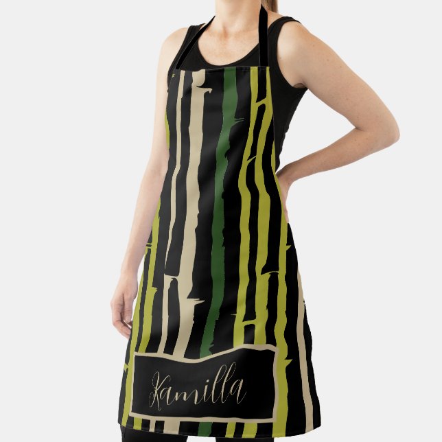 Green Bamboo Stripes on Black Apron (Insitu)