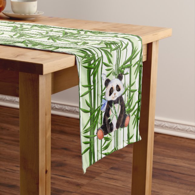 Green bambooo shoots Cute panda illustration Medium Table Runner (In Situ)