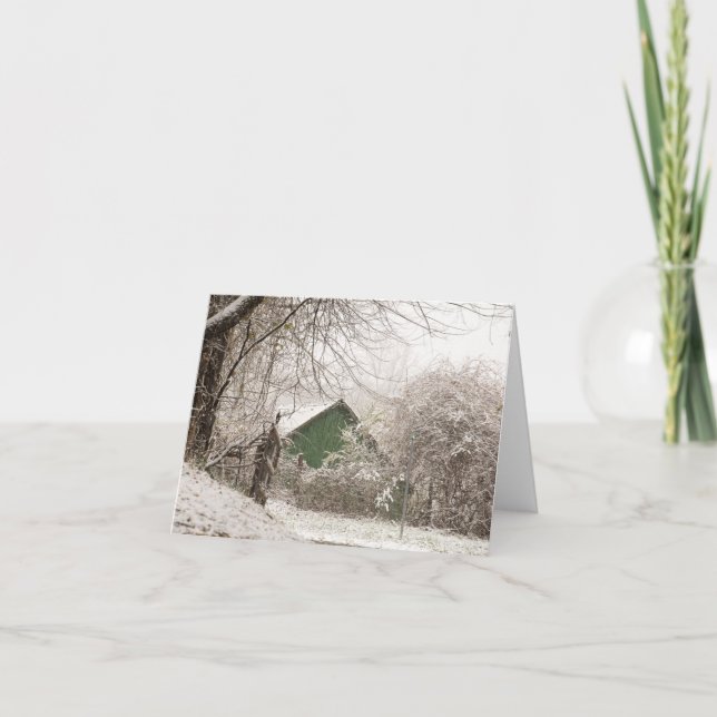 Green Barn in Snow Thank You Card (Front)