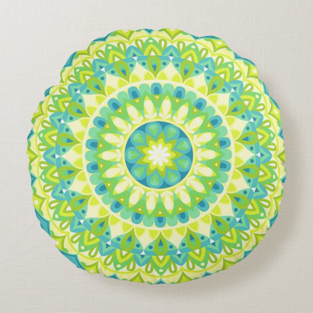 Green Base Mandala Round Pillow (Front)