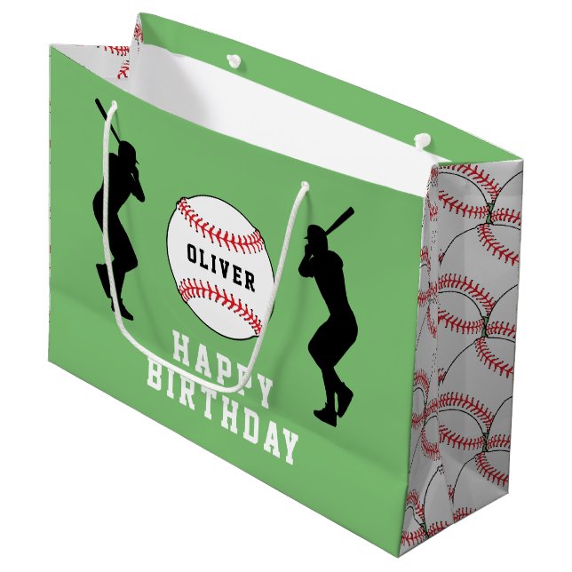 Green Baseball Ball Player Kids Name Birthday Large Gift Bag (Front Angled)