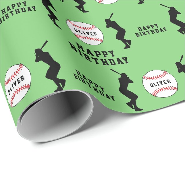 Green Baseball Ball Player Kids Name Birthday Wrapping Paper (Roll Corner)