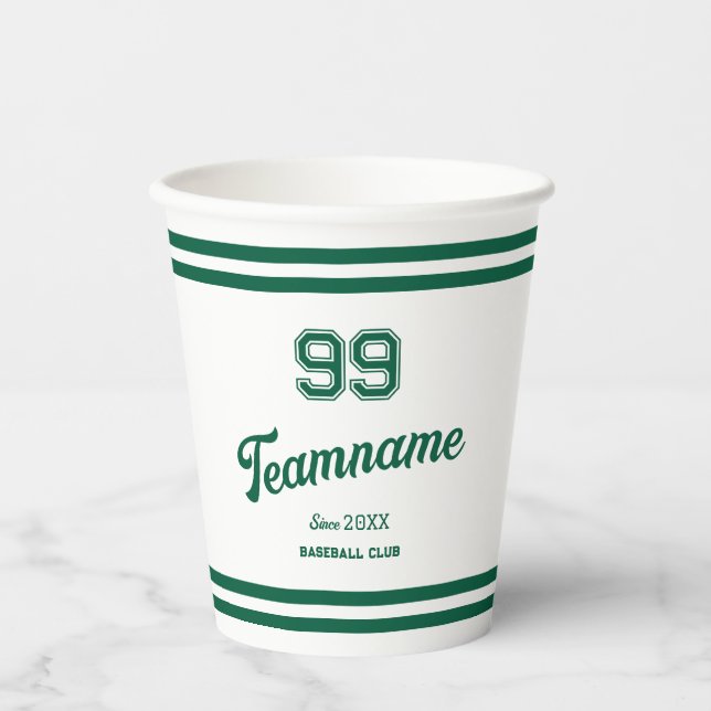 Green Baseball Custom Player Number & Team Name Paper Cups (Front)