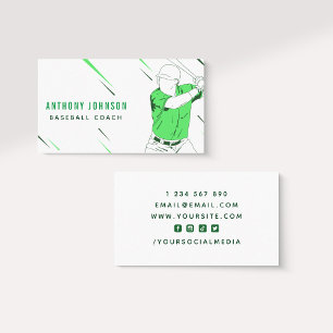 Green Baseball Player Coach in Motion Silhouette Business Card