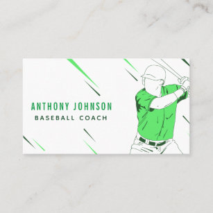 Green Baseball Player Coach in Motion Silhouette Business Card