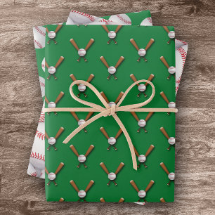 Green Baseball Wrapping Paper Flat Sheet Set of 3